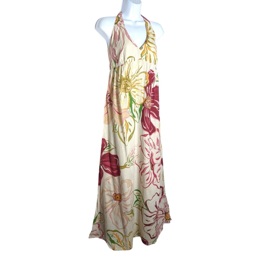 Vintage Boho Floral Halter Maxi Dress Sz L Cotton Linen Y2K Vacation Loungewear